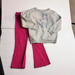 Girls 4T Unicorn Sweatshirt & Pink Ribbed Flare Pants Set Cozy Spring Set i
